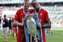 Maro Itoje (right) celebrates with Saracens' colleague George Kruis after beating Exeter Chiefs in the Gallagher Premiership final (pic: Darren Staples/PA)