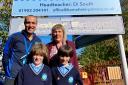 Paul Barnard, head of pastoral care, Di South, headteacher with pupils Rufus and Moe Brody-Walderman