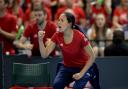 Anne Keothavong cheers her GB team on at the Fed Cup in 2019