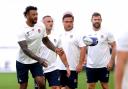 England's Courtney Lawes, Ben Earl, Jamie George and Elliot Daly during a training session in France. Image: PA