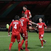 Leyton Orient forward Macauley Bonne celebrates with Josh Coulson after scoring against Gateshead (pic: Simon O'Connor).