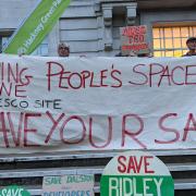 Protest over Morning Lane development outside Hackney town hall. Photo: Julia Gregory/LDRS