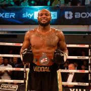 Viddal Riley celebrates winning the English cruiserweight title. Image: Boxxer/Lawrence Lustig