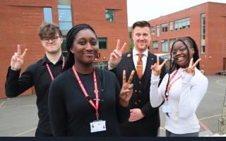 Cardinal Pole celebrates second consecutive shortlisting for TES Schools Awards. Left to Right: Tommy - Head Student; Shiphrah - Head Student; Mr Adam Hall - Headteacher; Oyin - Head Student.